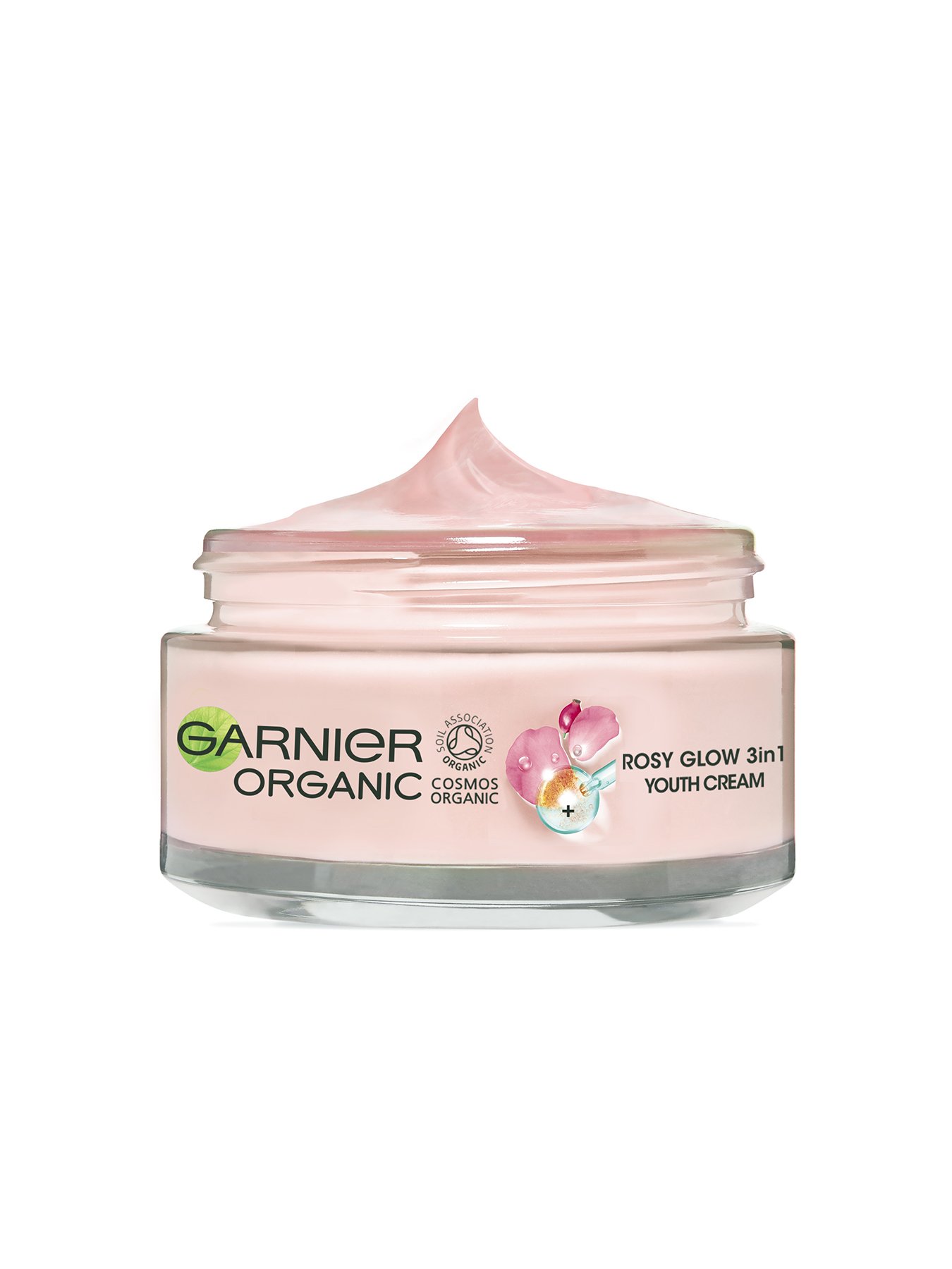 Garnier Organic Rosy Glow 3in1 Youth Cream 50ml tub with lid off