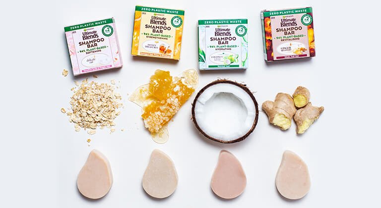Garnier Ultimate Blends solid shampoo bar range pack shots, Hydrating Coconut, Ginger Recovery, Delicate Oat and Honey Treasures