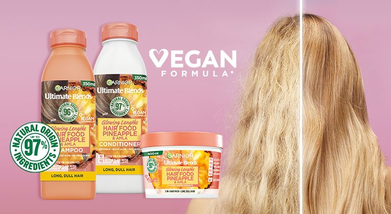pineapple hair food range with before and after hair model