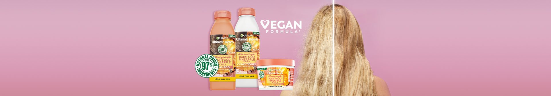 pineapple hair food range with before and after hair model