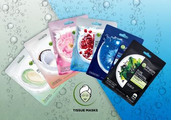Garnier Sheet Masks on Green and Blue Background with bubbles
