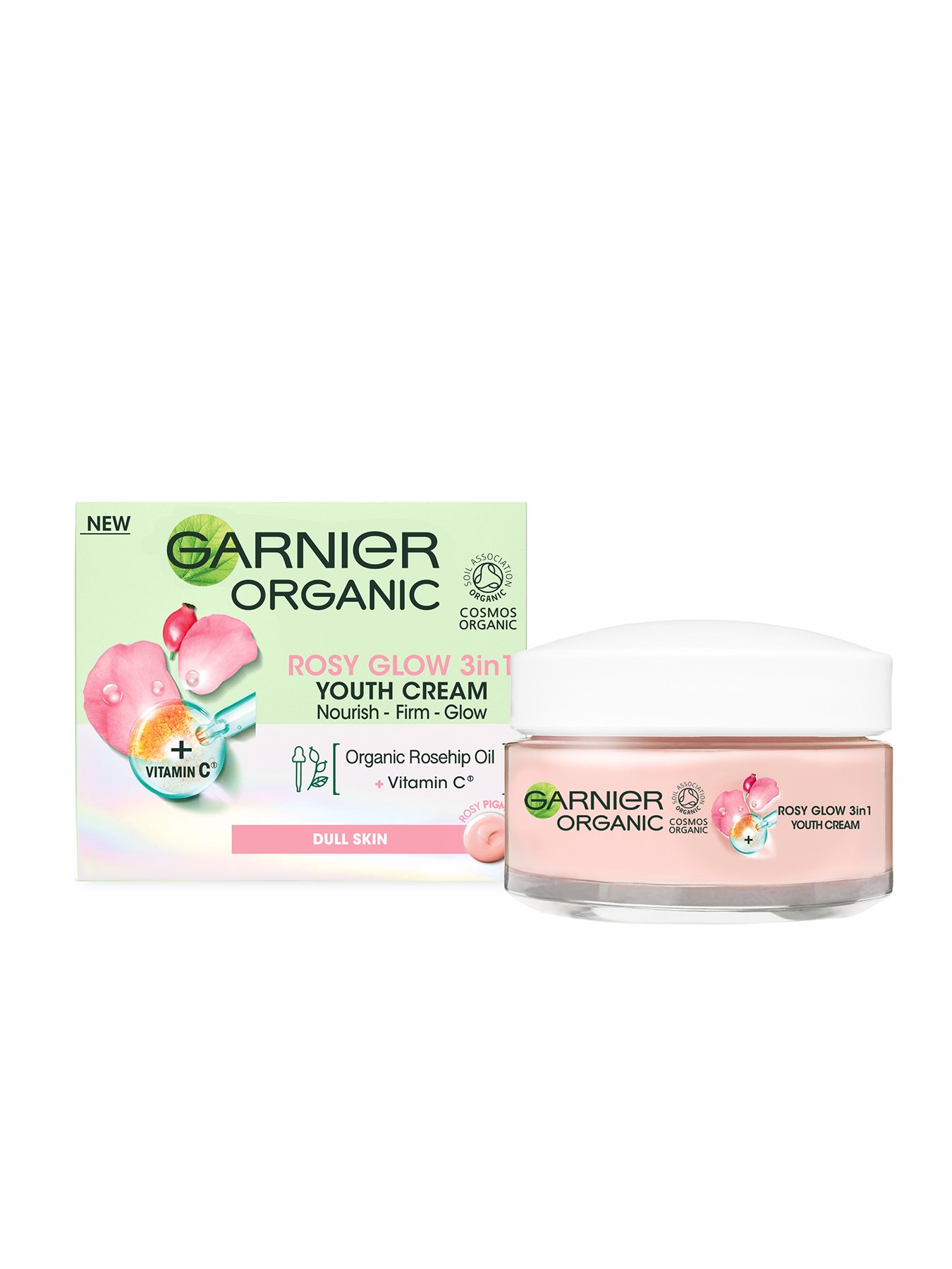 Garnier Organic Rosy Glow 3in1 Youth Cream 50ml tub with packaging