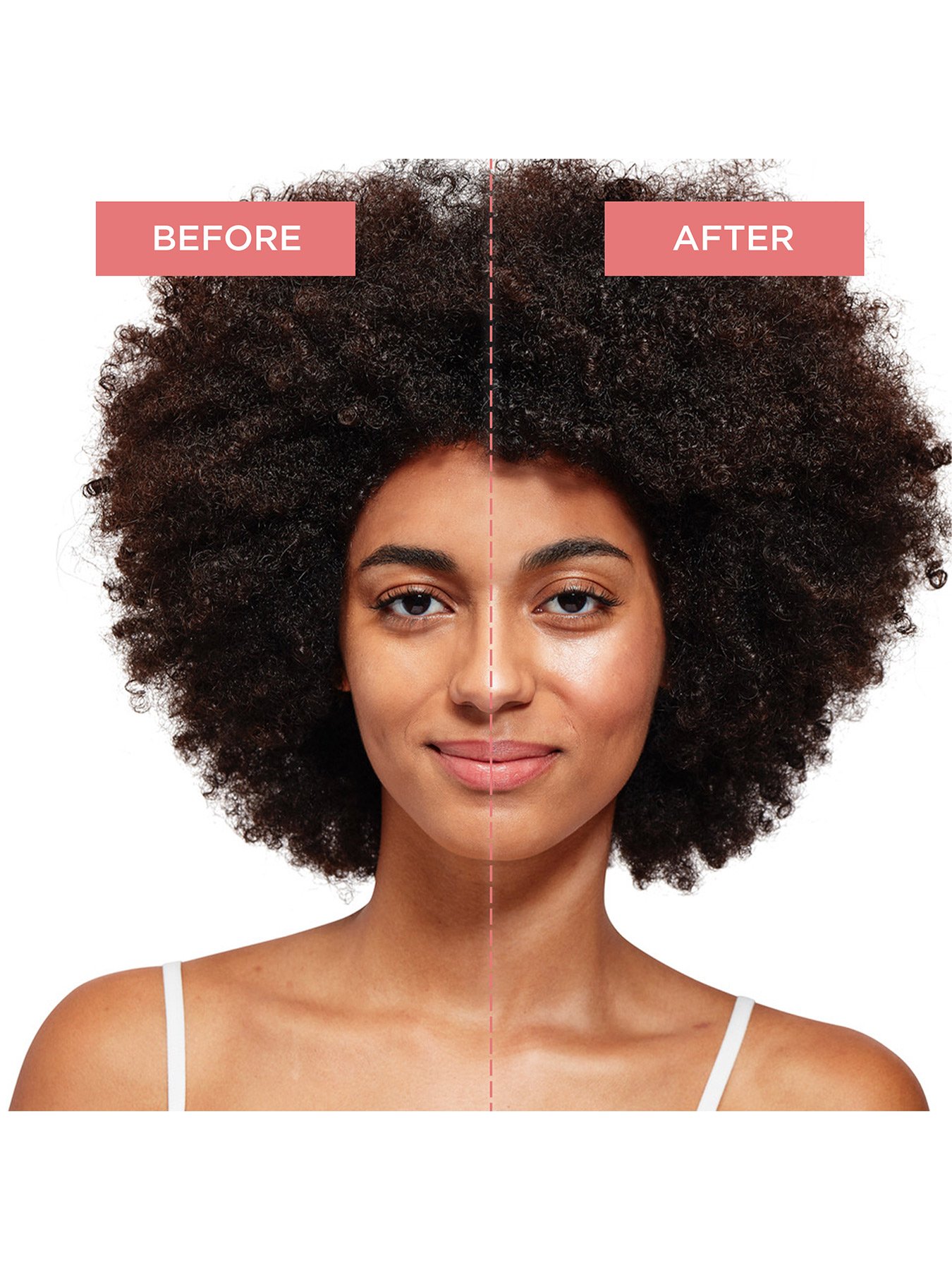 model's face showing before and after effects of Garnier Organic Rosy Glow 3in1 Youth Cream