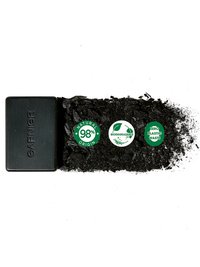 Garnier Pure Active Charcoal Bar with charcoal crumble decoartive background with benefit logos listed