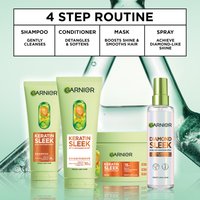 A graphic showing Garnier’s 4-step Keratin Sleek range. Products included are: Keratin sleek shampoo, conditioner, hair mask, and Diamond Sleek Spray (left to right).