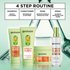 A graphic showing Garnier’s 4-step Keratin Sleek range. Products included are: Keratin sleek shampoo, conditioner, hair mask, and Diamond Sleek Spray (left to right).