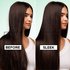 A before-and-after shot showcasing the effects of Garnier’s Diamond Sleek Smoothing Spray on a woman’s hair. After use, hair is visibly smoother and shinier.