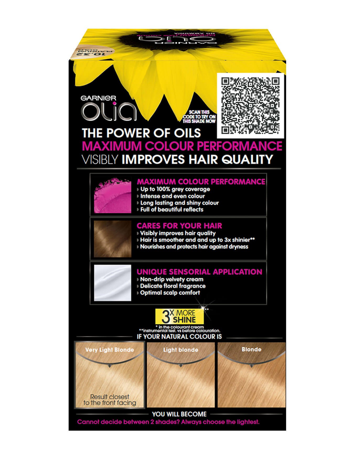 Olia 10.32 Platinum Gold hair dye back of pack