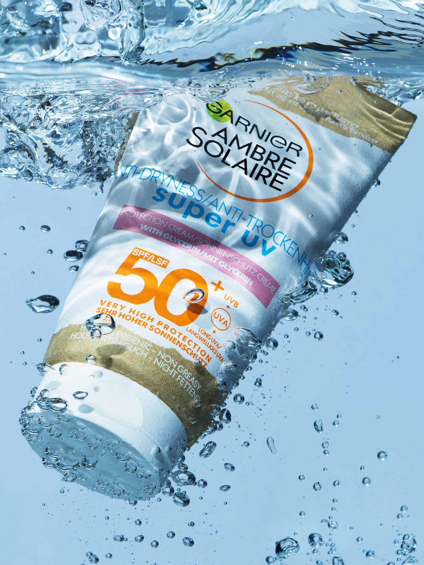Super UV Ambre Solaire Anti Dryness product in water