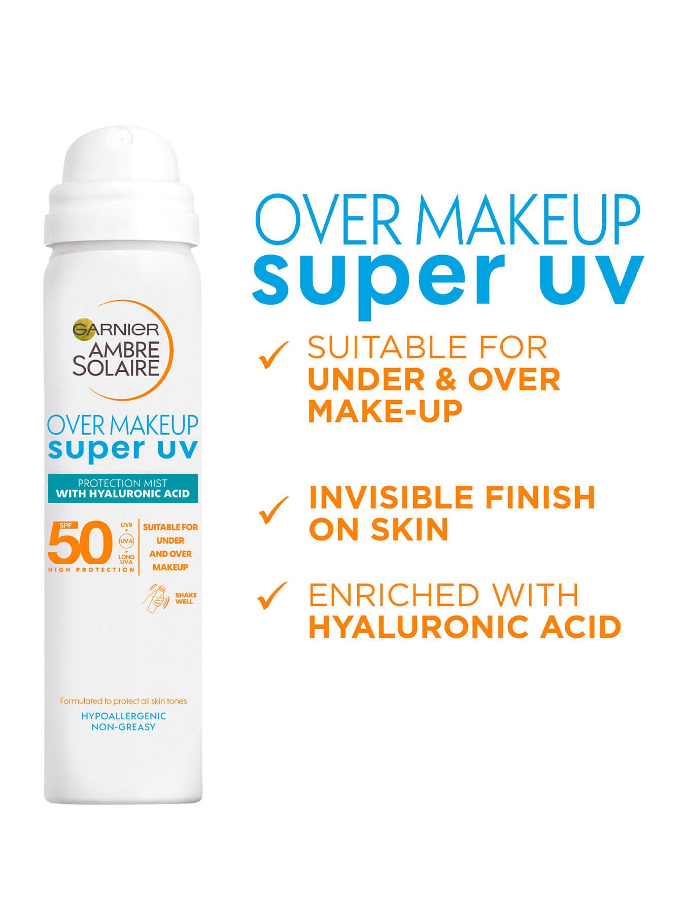 Ambre Solaire Super UV over makeup mist with benefits listed