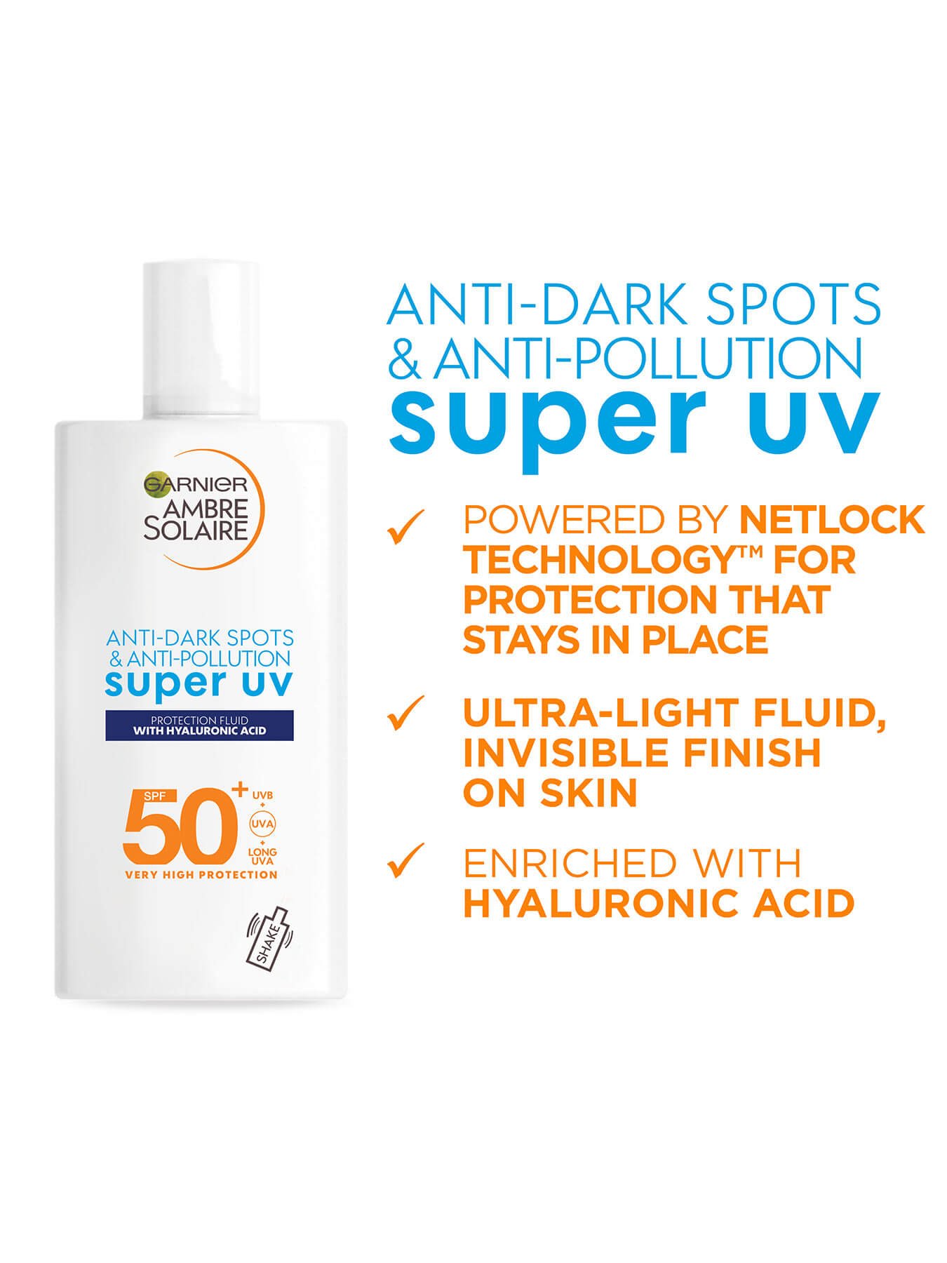 Super UV Ambre Solaire Face Fluid packshot and list of benefits
