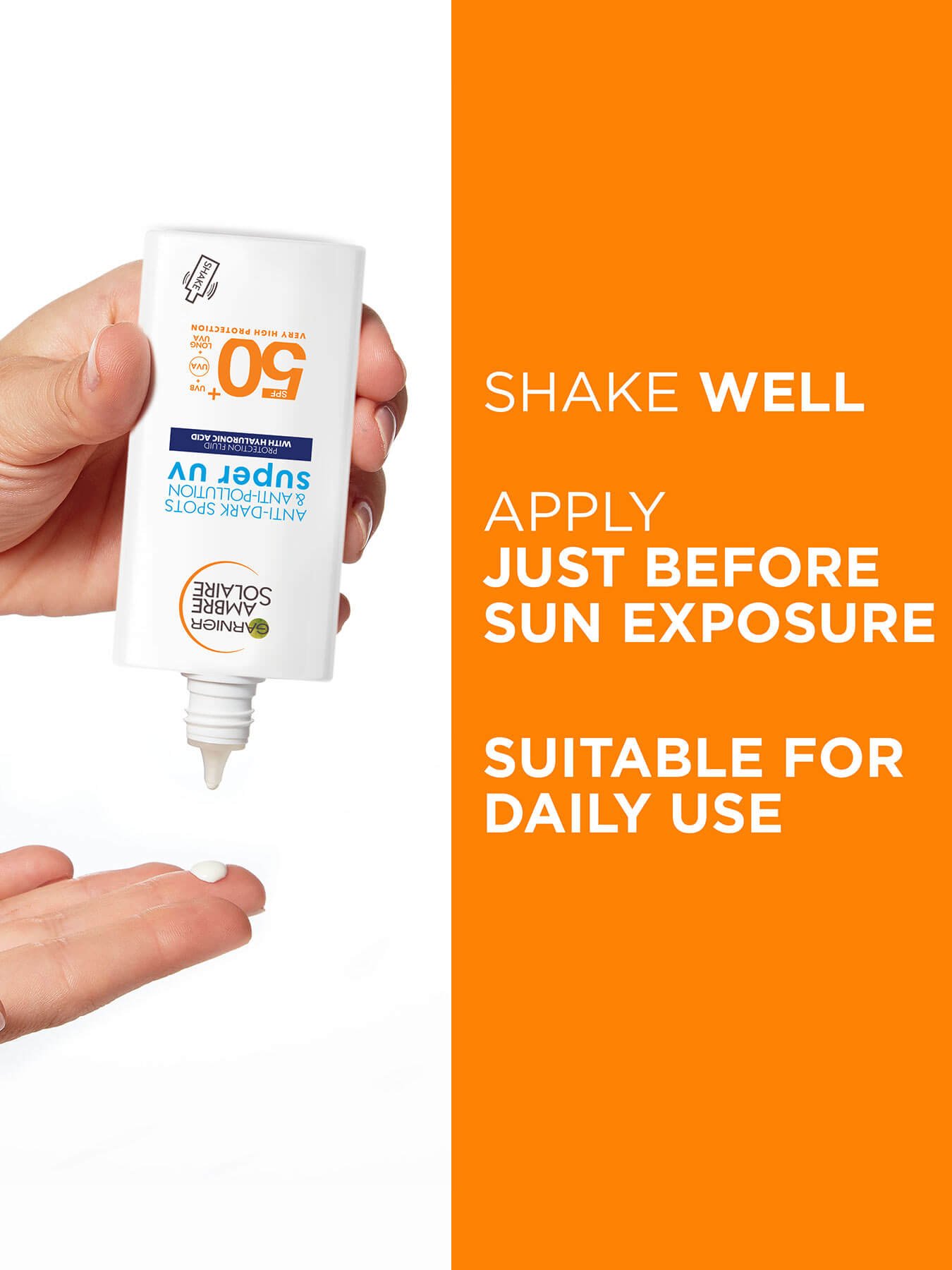 Super UV Ambre Solaire Face Fluid packshot and instructions how to use on orange background