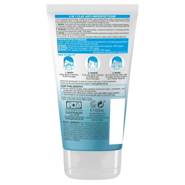 Garnier Pure Active 3in1 Clay Wash Scrub Mask Oily Skin 2