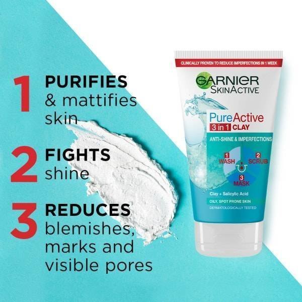 Garnier Pure Active 3in1 Clay Wash Scrub Mask Oily Skin 3
